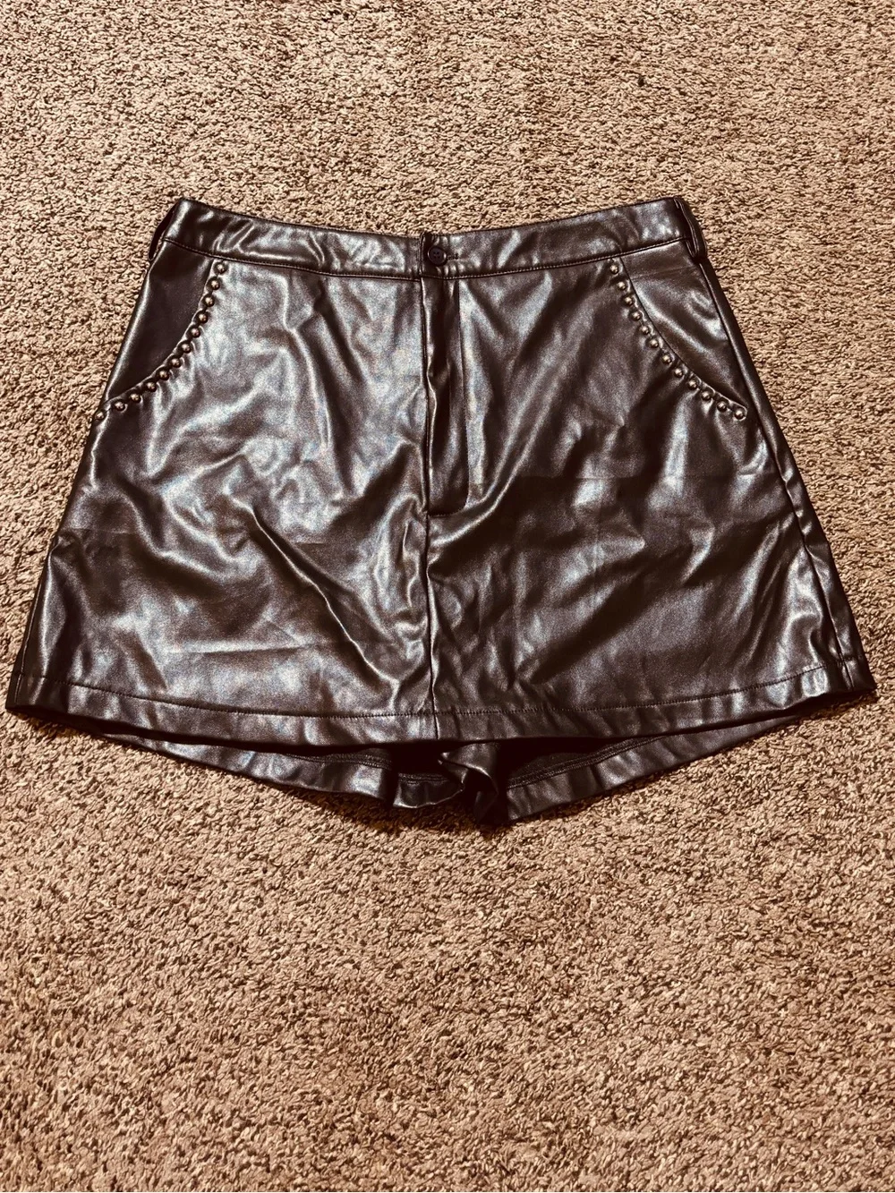 Flying Tomato Black High-Waist Faux Leather Shorts with Studded Pockets Festival